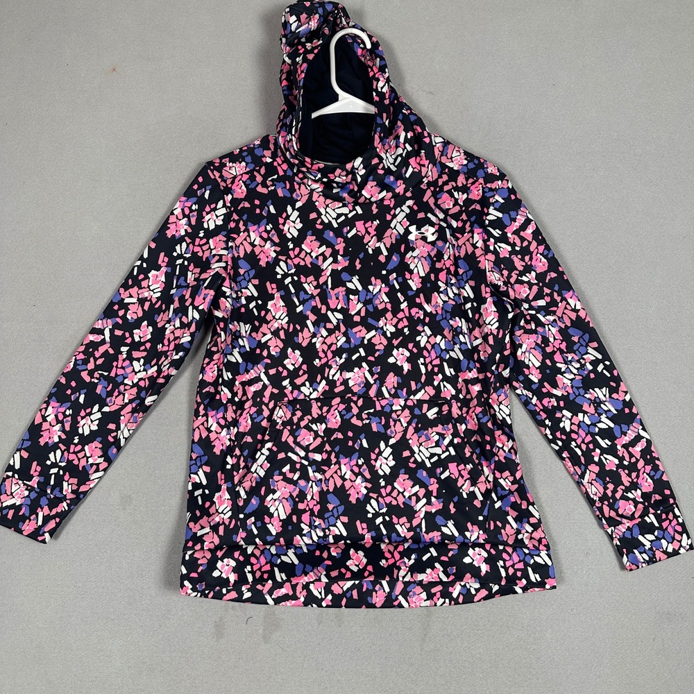 Under Armour Hoodie Girls Youth Large Loose Black Pink Abstract Pullover EUC